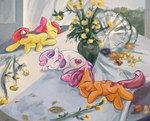 2017 accessory acting_like_a_cat apple_bloom_(mlp) bouquet bow_ribbon cutie_mark cutie_mark_crusaders_(mlp) daww day detailed_background earth_pony equid equine eyes_closed female feral flower flower_bouquet food friendship_is_magic fruit furniture group hair_accessory hair_bow hair_ribbon hasbro hi_res horse inside inspired_by_formal_art licking light lying mammal messy mirroredsea my_little_pony mythological_creature mythological_equine mythology on_side on_table orange_body pegasus plant pony ribbons scootaloo_(mlp) self_lick sleeping sunlight sweetie_belle_(mlp) table tablecloth tongue tongue_out trio vase white_body window wings yellow_body young young_feral