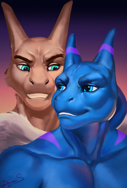 anthro blue_body blue_eyes blue_skin duo male orange_body purple_stripes simple_background smile stripes wings dimonis nintendo pokemon colored digital_drawing_(artwork) digital_media_(artwork) hi_res shaded signature