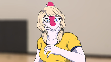 anthro biped blonde_hair blue_eyes blurred_background bone_frill breasts clothed clothed_anthro clothed_female clothing detailed_background eyebrows eyelashes female fingers frill_(anatomy) front_view gymnasium hair humanoid_hands long_eyelashes long_hair medium_breasts non-mammal_breasts pink_body raised_inner_eyebrows scared shirt solo tear_trough topwear white_body wide_eyed yellow_clothing yellow_shirt yellow_topwear sebek_fereh_ra cavemanon_studios i_wani_hug_that_gator mia_moretti dinosaur hadrosaurid ornithischian ornithopod parasaurolophus prehistoric_species reptile scalie 16:9 bust_portrait colored hi_res portrait shaded widescreen