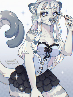 2_tails 5_fingers anthro bangs black_bottomwear black_claws black_clothing black_nose black_skirt blue_eyes bottomwear claws clothed clothing collarbone ear_piercing fangs female fingers fur hair holding_object inner_ear_fluff long_hair looking_at_viewer makeup markings multi_tail open_mouth open_smile piercing simple_background skirt smile solo striped_markings stripes tail teeth thick_thighs topwear tuft white_body white_fur cepto_(artist) felid mammal pantherine tiger 2024 colored digital_drawing_(artwork) digital_media_(artwork) hi_res shaded
