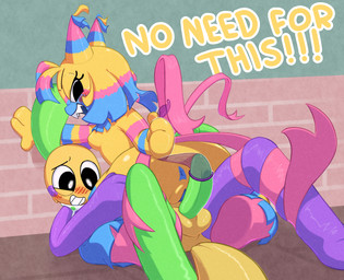 anthro balloon balls blush breasts butt clothed clothing condom condom_refusal dialogue duo erection female genitals imminent_sex inflatable male male/female multicolored_body nude open_mouth penis pinata removing_condom sexual_barrier_device sharp_teeth smile tail teeth text vaginal yellow_body four-pundo blushcrunch_studio dandy's_world roblox looey_(dandy's_world) yatta_(dandy's_world) animate_inanimate humanoid living_pinata toon_(dandy's_world) 2026 absurd_res digital_media_(artwork) hi_res