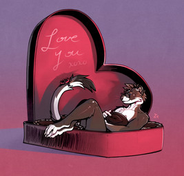 anthro box_of_chocolates brown_body brown_fur candy chocolate claws dessert eyewear flower food fur gesture glasses gradient_background holidays male micro paws plant purple_background purple_nose red_background simple_background solo suggestive suggestive_food suggestive_gesture white_body white_claws white_fur interkos valentine's_day mammal mustelid musteline stoat true_musteline weasel 2024 full-length_portrait hi_res portrait