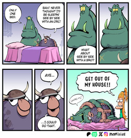 barefoot beard bed big_nose bodily_fluids clothing dialogue dress drooling facial_hair feet female from_behind_position furniture green_body green_clothing green_dress green_ears green_skin green_tusks group hair hug humanoid_pointy_ears humor inside long_hair male orange_hair pointy_ears purple_beard purple_facial_hair saliva scar sex shovel sleeping snoring spoon_position teeth teeth_showing text tools trio vein viking_helmet yellow_sclera merrivius elf_comic dwarf_(merrivius) elf_(merrivius) orc_(merrivius) dwarf elf humanoid orc 2025 artist_name colored comic detailed digital_drawing_(artwork) digital_media_(artwork) english_text hi_res signature