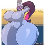 anthro big_breasts big_butt biped blush breasts butt featureless_breasts female huge_breasts huge_butt huge_hips huge_thighs hyper hyper_butt hyper_hips hyper_thighs navel nude simple_background smile solo thick_thighs wide_hips atsuineko nintendo pokemon generation_8_pokemon pokemon_(species) sneasler 1:1 2024 digital_media_(artwork)