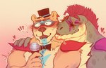 anthro blush bow_tie duo electronics eyes_closed eyewear fur glasses green_body hair heart_symbol kissing kissing_cheek male male/male microphone mohawk muscular muscular_anthro muscular_male red_hair romantic shoulder_pads smooch_(sound_effect) xeoniios five_nights_at_freddy's five_nights_at_freddy's:_security_breach scottgames steel_wool_studios glamrock_freddy montgomery_gator alligator alligatorid bear crocodilian mammal reptile scalie 2021 digital_media_(artwork) hi_res