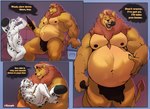 abdominal_bulge almost_fully_inside anthro bottomwear clothing duo endosoma loincloth male male/male musclegut muscular muscular_anthro muscular_male nipples oral_vore partially_inside safe_vore size_difference soft_vore tail tail_in_mouth vore zyyphelze zyyph felid lion mammal pantherine snow_leopard digital_media_(artwork)