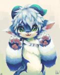 4_fingers abstract_background ambiguous_gender anthro big_eyes blue_body blue_fur blue_hair blush claws collar dipstick_hair exclamation_point fangs fingers fluffy fur green_eyes hair happy horn inner_ear_fluff kemono looking_at_viewer multicolored_body multicolored_fur multicolored_hair open_mouth pawpads pink_nose pink_pawpads raised_arm sharp_teeth simple_background smile solo teeth tongue tuft two_tone_hair white_body white_fur white_hair young arcticneu mythology rufen dragon furred_dragon furred_scalie mythological_creature mythological_scalie scalie 2016 half-length_portrait portrait signature