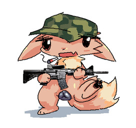 animal_genitalia animal_vulva anthro black_pawpads black_vulva blush bored brown_body brown_fur canine_genitalia canine_vulva chest_tuft cigarette clothing dipstick_tail feet female fur genitals gun hat headgear headwear markings military_cap nude open_mouth pawpads paws ranged_weapon rifle simple_background smoke smoking smoking_cigarette solo stomping tail tail_markings toes tuft vulva weapon nofood_nodrinks nintendo pokemon canid canine eevee generation_1_pokemon mammal pokemon_(species) digital_media_(artwork) low_res microsoft_paint_(artwork)