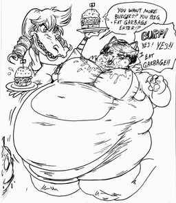 anthro aroused belly belly_overhang big_belly big_breasts big_cheeks bloated blush breasts burger burping chubby_cheeks claws clothed clothing dominant dominant_female double_chin drill_curls duo_focus eyelashes fangs feederism feeding female female/female food food_stains fupa glamburger grin group hair holding_burger holding_food holding_object huge_belly humiliation_fetish insult kneeling looking_at_another messy messy_eater morbidly_obese morbidly_obese_anthro morbidly_obese_female mostly_offscreen_character narrowed_eyes obese obese_anthro obese_female open_mouth overalls overweight overweight_anthro overweight_female pawpads sharp_teeth shocked short_hair shortalls simple_background slob smile stuffing submissive submissive_female teeth thick_thighs trio white_background wide_eyed keij undertale undertale_(series) bratty_(undertale) burgerpants catty_cattenheimer alligator alligatorid crocodilian domestic_cat felid feline felis mammal reptile scalie 2015 absurd_res black_and_white hi_res monochrome sketch traditional_media_(artwork)