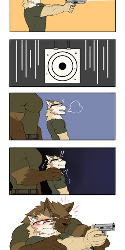 5_fingers aiming aiming_gun aiming_weapon anthro barazoku belt blush bottomwear brown_body brown_countershading brown_eyebrows brown_eyes brown_fur claws clothed clothed_anthro clothed_male clothing countershade_arms countershade_face countershade_fur countershade_neck countershade_torso countershading duo eyebrows eyewear finger_claws fingers fur goggles green_clothing green_shirt green_topwear gun hand_on_another's_shoulder hand_on_shoulder handgun holding_another's_arm holding_gun holding_handgun holding_object holding_pistol holding_ranged_weapon holding_weapon male male/male muscular muscular_anthro muscular_male nervous patreon_logo patreon_username pistol ranged_weapon reverse_countershading shirt shooting_range surprised tan_body tan_fur text topwear tremble_spikes weapon wearing_goggles white_body white_countershading white_fur white_sclera wide_eyed wolfblack43 patreon than-wa_(wolfblack43) canid canine canis domestic_dog mammal 2025 absurd_res artist_name comic digital_drawing_(artwork) digital_media_(artwork) hi_res