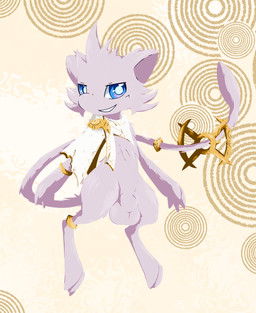 3_toes 4_fingers accessory animal_genitalia balls blue_eyes bottomless cloak clothed clothing feet fingers fur furgonomics genitals gold_(metal) jewelry looking_at_viewer male penis pink_body pink_fur ring scarf sheath smile smiling_at_viewer solo tail tail_accessory tail_jewelry tail_ring toes tuft shadowsoulful nintendo pokemon fan_character generation_1_pokemon legendary_pokemon mew_(pokemon) pokemon_(species) 2025 absurd_res cel_shading hi_res lineless shaded