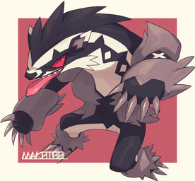 ambiguous_anthro ambiguous_gender ankle_tuft anthro arm_tuft border cheek_tuft claw_fingers claw_toes claws facial_tuft featureless_crotch front_view high-angle_view leg_tuft long_claws looking_at_viewer looking_up nude pink_eyes pose red_background sharp_teeth simple_background solo standing teeth three-quarter_view tongue tongue_out tuft white_border wrist_tuft makotoo nintendo pokemon generation_8_pokemon mammal mustelid musteline obstagoon pokemon_(species) 2019 full-length_portrait portrait