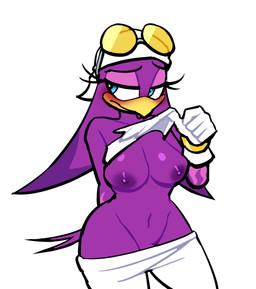 5_fingers anthro areola beak beak_closed big_breasts biped black_eyebrows blue_eyes blush bottomwear bottomwear_down bracelet breasts clothed clothed_anthro clothed_female clothing clothing_lift embarrassed eyebrows eyelashes feather_hair feathers female female_anthro fingers flashing flashing_breasts glistening glistening_breasts glistening_eyes gloves gold_(metal) gold_bracelet gold_jewelry half-closed_eyes hand_behind_back handwear headgear headkerchief headwear jewelry kerchief looking_away mouth_closed narrowed_eyes navel nipples non-mammal_breasts non-mammal_navel non-mammal_nipples pants pants_down partially_clothed partially_clothed_anthro partially_clothed_female pseudo_hair purple_areola purple_body purple_feathers purple_nipples purple_pseudo_hair purple_tail simple_background solo standing tail tail_feathers topwear topwear_lift tube_top white_background white_bottomwear white_clothing white_gloves white_handwear white_headkerchief white_kerchief white_pants white_topwear white_tube_top yellow_beak lovetopullmicke sega sonic_riders sonic_the_hedgehog_(series) wave_the_swallow avian bird hirundinid oscine passerine swallow_(bird) 2026 digital_drawing_(artwork) digital_media_(artwork) english_description hi_res