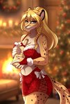 5_fingers anthro bedroom_eyes big_breasts black_spots blonde_hair blue_eyes blurred_background bottle bottomwear braided_hair breasts candle christmas_clothing christmas_decorations christmas_tree cleavage clothed clothing container eggnog female fingers fireplace fur hair handwear holding_bottle holding_container holding_object holidays looking_at_viewer markings narrowed_eyes plant red_bottomwear red_clothing red_handwear red_skirt red_topwear seductive skirt solo spots spotted_body spotted_fur standing topwear tree yellow_body yellow_fur fuvi christmas lena_fluffy_(character) cheetah felid feline mammal 2023 hi_res