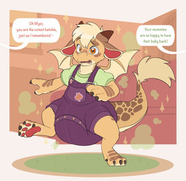4_fingers 4_toes after_transformation age_regression ambiguous_gender anthro back_wings big_diaper blonde_hair blush blush_lines border brown_body brown_claws brown_horn brown_spots brown_tail claws clothed clothing color_coded_text confusion detailed_background dialogue diaper diaper_under_clothing ears_down feet finger_claws fingers furniture green_clothing green_shirt green_topwear hair head_horn horn markings multicolored_body multicolored_tail multicolored_wings offscreen_character on_one_leg open_mouth orange_body orange_tail orange_wings overalls pawpads pivoted_ears purple_clothing purple_overalls red_inner_ear red_pawpads sharp_teeth shirt shortalls sofa solo sparkles speech_bubble spots spotted_markings spotted_tail standing surprised tail tail_markings tail_tuft tan_border teeth text tilde_after_text toe_claws toes topwear tuft wearing_diaper wings yellow_body yellow_tail yellow_tail_tuft yellow_wings bubblepuppers mythology archmage_myst_(daxter131) dragon mythological_creature mythological_scalie scalie english_text hi_res