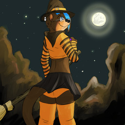 bottomwear broom brown_body cleaning_tool clothed clothing costume crossdressing eyewear femboy full_moon glasses hat headgear headwear holidays jewelry legwear male miniskirt moon night outside panties pendant skirt sky solo star starry_sky stockings tail underwear upskirt witch_hat toay_k halloween scott_otter ghost mammal mustelid otter spirit undead 1:1
