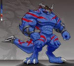 2023 3_toes abs absurd_res anthro armor armwear bandai_namco biceps big_arms biped blue_body blue_skin bodily_fluids claws clothing digimon digimon_(species) featureless_crotch feet greymon greymon_x headgear helmet hi_res horn looking_at_viewer male markings metal muscular muscular_anthro muscular_legs muscular_male nipples orange_eyes palette pecs pupils red_markings serratus sharp_teeth slit_pupils solo spiked_tail spikes spikes_(anatomy) tail teeth toes triceps valentinesartx vein x-digimon