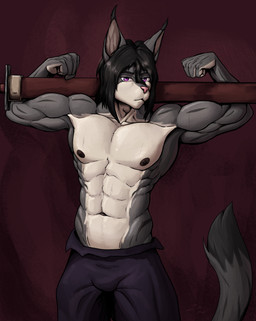 abs anthro athletic athletic_anthro athletic_male biceps bodily_fluids clothed clothing crossgender dark_hair dark_nipples hair looking_at_viewer male male_anthro melee_weapon muscular muscular_anthro muscular_male purple_eyes sheathed_sword short_hair simple_background solo sweat sword topless topless_anthro topless_male weapon za-owl elwyna_(za-owl) domestic_cat felid feline felis mammal 2026 absurd_res digital_drawing_(artwork) digital_media_(artwork) hi_res