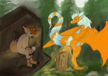 anthro black_body black_fur blue_body blue_eyes blue_fur brown_body brown_fur brown_hair claws dipstick_ears dipstick_tail duo ear_markings eyes_closed fart fart_cloud feral forest fur gloves_(marking) green_body green_fur hair horn imminent_pooping larger_feral leg_markings male male_anthro male_farting male_feral markings multicolored_body multicolored_ears multicolored_fur narrowed_eyes orange_body orange_fur outhouse outside plant raised_tail sitting sitting_on_toilet size_difference smaller_anthro socks_(marking) spread_wings tail tail_markings tan_body tan_fur toe_claws toilet toilet_paper tree wings coltrez mythology dusky_(floofer318) satsuma_(stinky_fen) canid canine dragon fennec_fox fox furred_dragon furred_scalie mammal mythological_creature mythological_scalie scalie true_fox hi_res