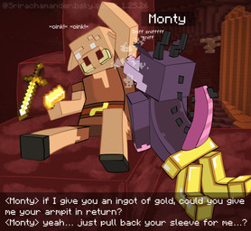 anthro armpit_fetish armpit_sniffing bribe bribery dialogue duo gold_(metal) golden_sword horn kneeling male male/male musk nether oinking raised_arm rolled_up_sleeves sitting sniffing tail text srirachamander microsoft minecraft mojang xbox_game_studios monty_(srirachamander) mammal piglin suine absurd_res english_text hi_res