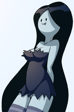 bite_mark bite_mark_on_neck black_clothing black_dress black_hair breasts cleavage clothed clothing dress fanged_bite_mark fanged_bite_mark_on_neck fangs female footwear grey_body grey_skin hair legwear long_hair not_furry pattern_clothing pattern_legwear simple_background socks solo stockings striped_clothing striped_legwear stripes teeth white_background unknown_artist adventure_time cartoon_network marceline_abadeer demon half_demon human humanoid mammal undead vampire 2011 grandfathered_content