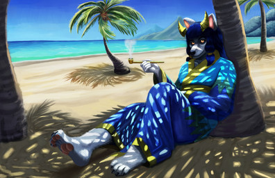anthro asian_clothing beach clothing east_asian_clothing female fur horn japanese_clothing kimono looking_at_viewer mountain outside palm_tree paws pipe plant robe sand sea smoke smoking solo tree water wolfen_deschain canid canine canis mammal spirit wolf hi_res