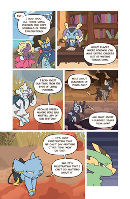 ambiguous_gender backpack black_body black_fur blue_body blue_eyes blue_fur book brown_eyes clothed clothed_feral clothing cloud day dialogue digitigrade fangs feral fur grass green_body green_fur group head_tuft holding_book holding_object inner_ear_fluff inside looking_at_another outside pink_eyes plant purple_body quadruped rock sky speech_bubble standing tail tail_tuft talking_to_another teeth text tuft water writing_text yellow_body yellow_eyes yellow_fur wooled nintendo pokemon pokemon_mystery_dungeon spike_chunsoft malachi_(wooled) sable_(wooled) dewgong electrike generation_1_pokemon generation_3_pokemon generation_4_pokemon humanoid illumise jynx luxio pokemon_(species) prinplup shinx comic english_text hi_res