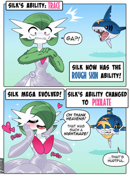 ambiguous_gender black_text blue_body blush dialogue eyes_closed feral green_arms green_fingers green_hair green_hands hair hair_over_eye key_stone_(pokemon) multicolored_body open_mouth pink_text shadow sharp_teeth teeth text tongue white_body nico_neko nintendo pokemon gardevoir generation_3_pokemon generation_6_pokemon humanoid mega_evolution mega_gardevoir mega_sharpedo pokemon_(species) sharpedo 2025 absurd_res comic english_text hi_res