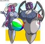 anthro arthropod_abdomen arthropod_webbing ball beach_ball big_breasts bikini black_choker black_jewelry black_necklace blue_eyes braided_pigtails breasts choker cleavage_cutout clothing curvy_figure cute_fangs cutout duo eyewear fangs female goggles hair hand_on_breast hand_on_hip hat headgear headwear holding_object inflatable jewelry markings multi_eye multi_limb necklace one-piece_swimsuit pigtails pink_hair poofy_hair purple_eyes purple_hair red_markings sarong simple_background spider_legs summer swimwear teeth thick_thighs two-piece_swimsuit cubedmans taffeta_silkin animal_humanoid arachnid arachnid_humanoid arthropod arthropod_humanoid humanoid spider_humanoid hi_res signature