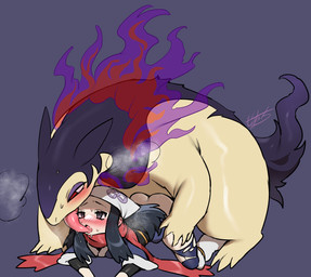 3_toes 5_fingers all_fours ambiguous_penetration bestiality biped black_body black_ears black_fur black_hair black_tail blush bodily_fluids boots bottomwear breath clothed clothing doggystyle drooling duo eyelashes feet female female_on_feral female_penetrated feral feral_penetrating feral_penetrating_human fingers fire footwear from_behind_position front_view fur glistening glistening_body glistening_fur glistening_tongue grey_background grey_eyes hair half-closed_eyes headgear headwear human_on_feral human_penetrated interspecies kemono larger_feral larger_male light_body light_skin long_hair looking_at_another looking_at_partner lying male male/female male_on_human male_penetrating male_penetrating_female male_penetrating_human monotone_hair monotone_tail multicolored_body multicolored_fur narrowed_eyes obscured_penetration on_front pants partially_clothed penetration penile penile_penetration pigtails pink_tongue pokephilia pupils red_eyes red_scarf saliva scarf semi-anthro sex shoes simple_background size_difference smaller_female smaller_human tail three-quarter_view toes tongue tongue_out torn_bottomwear torn_clothing torn_pants two_tone_body two_tone_fur white_boots white_clothing white_footwear yellow_body yellow_fur mochi_taichi nintendo pokemon akari_(pokemon) generation_8_pokemon hisuian_form hisuian_typhlosion human mammal pokemon_(species) regional_form_(pokemon) 2022 colored shaded signature