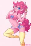 anthro anthrofied areola blue_eyes bra breasts clothed clothing cutie_mark female fur hair legwear lingerie looking_at_viewer navel open_mouth panties pink_body pink_fur pink_hair simple_background skimpy solo thigh_highs tongue underwear kinkypinkink friendship_is_magic hasbro my_little_pony pinkie_pie_(mlp) earth_pony equid equine horse mammal pony 2:3 absurd_res hi_res