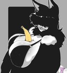 animal_ears banana bikini black_background black_bikini black_body black_clothing black_fur black_hair black_swimwear blush blush_lines clothing female food fruit fur grey_background hair hair_over_eyes long_hair looking_at_viewer object_between_breasts open_mouth open_smile panties pink_clothing pink_panties pink_underwear plant sharp_teeth simple_background smile solo swimwear teeth two-piece_swimsuit underwear winged_arms wings william_windham lylei animal_humanoid bat bat_humanoid humanoid mammal mammal_humanoid winged_humanoid