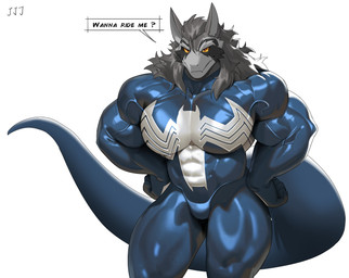 anthro black_latex bodysuit clothed clothed_anthro clothed_male clothing dialogue fur grey_body grey_fur grey_hair hair latex latex_bodysuit latex_clothing latex_skinsuit male moobs multicolored_bodysuit multicolored_clothing multicolored_skinsuit muscular muscular_anthro muscular_male orange_eyes simple_background skinsuit solo speech_bubble tail text thick_thighs tight_clothing two_tone_bodysuit two_tone_clothing two_tone_skinsuit white_background white_latex yellow_sclera cxcxxcxxxx marvel mythology venom_(marvel) dragon furred_dragon furred_scalie mythological_creature mythological_scalie scalie 2026 absurd_res english_text hi_res