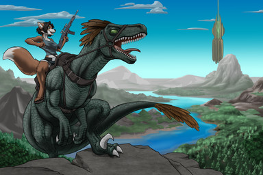 anthro bridle clothed clothing detailed_background duo female feral fur gun hair male ranged_weapon reins riding riding_on_back saddle weapon black-kitten ark_survival_(series) canid canine dinosaur dromaeosaurid mammal prehistoric_species reptile scalie theropod utahraptor 2023 3:2 digital_media_(artwork) hi_res