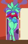 bottomwear breasts cleavage clothed clothing colored_fingernails colored_nails door doorway female fingernails footwear for_a_head green_body green_skin hand_on_hip high_heels hotpants midriff nails not_furry plant sandals shoes shorts solo superspoe netflix tuca_and_bertie draca_(tuca_and_bertie) elemental_creature elemental_humanoid flora_fauna humanoid object_head plant_humanoid absurd_res hi_res