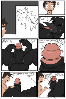 anthro balls big_balls big_penis dialogue duo erection genital_growth genitals glans growth huge_penis male male/male muscular muscular_male penis penis_growth size_difference text vein veiny_penis kogo avian bird corvid corvus_(genus) crow human humanoid mammal oscine passerine 2:3 absurd_res comic english_text hi_res