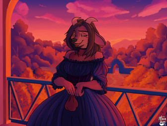 anthro choker clothed clothing detailed_background female forest freckles happy holding_object horn jewelry necklace plant ring solo sunset tree maxim_theos bovid caprine deer goat hybrid mammal colored digital_media_(artwork) hi_res