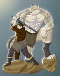 abs anthro belt biceps big_muscles brown_body brown_fur clothed clothing duo elbow_on_knee footwear fur grey_body grey_fur holding_melee_weapon holding_object holding_sword holding_weapon looking_at_another looking_at_viewer male melee_weapon multicolored_body multicolored_fur muscular muscular_anthro muscular_male rock standing step_pose sword toeless_footwear topless topless_male training two_tone_body two_tone_fur weapon white_body white_fur marioferro zilch1998 anthony_caligula kraso_(xxsparcoxx) canid canine canis mammal wolf 2019 father_(lore) father_and_child_(lore) father_and_son_(lore) parent_(lore) parent_and_child_(lore) parent_and_son_(lore) son_(lore)