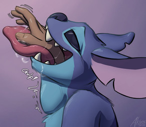 almost_fully_inside ambiguous_gender ambiguous_prey anthro anthro_pred big_tongue black_sclera blue_body blue_fur bodily_fluids dripping duo feet_first fur gradient_background gulp_(sound_effect) human_prey long_ears looking_at_viewer male male_anthro male_pred motion_lines neck_bulge purple_background saliva saliva_drip saliva_on_hand saliva_on_tongue saliva_string same_size_vore sharp_teeth side_view simple_background smile swallowing teeth text tongue tongue_out vore akins disney lilo_and_stitch stitch_(lilo_and_stitch) alien experiment_(lilo_and_stitch) human mammal 2026 absurd_res artist_name bust_portrait cel_shading dated digital_drawing_(artwork) digital_media_(artwork) hi_res portrait shaded smaller_version_at_source