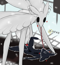 black_body black_fur bodily_fluids dominant dominant_feral duo female feral from_front_position fur genital_fluids genitals heart_symbol hearts_around_head licking long_tongue lying male male/female motion_lines on_back ovipositor ovipositor_penis penetration penis precum sex tail tongue tongue_out vaginal vaginal_penetration vulva white_body white_fur wings xeeno rain_world videocult watcher_(rain_world) arthropod big_moth_(rain_world) slugcat hi_res