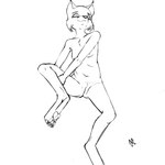 adolescent anthro bent_legs breasts claws female genitals navel nipples nude pawpads paws pussy simple_background solo white_background young musso felid feline lynx mammal 1:1 2022 monochrome sketch