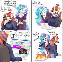 anthro anthrofied computer duo electronics eyewear female glasses hair horn laptop multicolored_hair text wings dstears friendship_is_magic hasbro my_little_pony mythology moondancer_(mlp) princess_celestia_(mlp) equid equine mammal mythological_creature mythological_equine unicorn winged_unicorn english_text hi_res