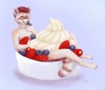 anthro blueberry_(fruit) blush dessert digitigrade eyewear food fruit fur glasses gradient_background hair ice_cream looking_at_viewer male nude one_eye_closed plant pose red_hair simple_background solo strawberry tan_body tan_fur white_body white_fur canned_(artist) george_(fralea) mammal procyonid raccoon 2014 pinup