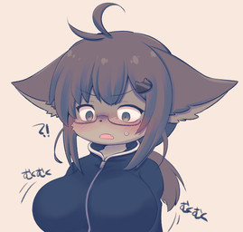 accessory anthro big_breasts blush bodily_fluids breast_expansion breasts brown_body brown_fur brown_hair clothing cute_fangs expansion eyewear fangs female female_anthro fur glasses green_eyes hair hair_accessory interrobang jacket kemono open_mouth solo sweat sweatdrop teeth text topwear wearing_glasses racal_ra domestic_cat felid feline felis mammal 2022 digital_media_(artwork) half-length_portrait hi_res japanese_text portrait translated_description translation_request