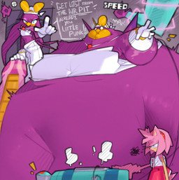 anthro beak belly big_belly clothing duo female gloves handwear huge_belly inflation pink_body purple_body text secretstarroom sega sonic_riders sonic_the_hedgehog_(series) amy_rose wave_the_swallow avian bird eulipotyphlan hedgehog hirundinid mammal oscine passerine swallow_(bird) 2026 hi_res