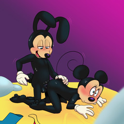 anthro balls barefoot bed bent_over black_body blush bodily_fluids clothes_on_bed clothing duo fake_ears feet female furniture genitals gloves handwear male male/female penis pillow rabbit_ears sex smile soles sweat tail tan_face toes lemurmonster disney minnie_mouse oswald_the_lucky_rabbit lagomorph leporid mammal murid murine rabbit rodent 1:1 hi_res
