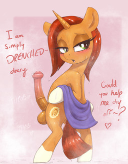 animal_genitalia animal_penis balls bedroom_eyes blush bodily_fluids crossgender cutie_mark equine_genitalia equine_penis erection feral flared_penis ftg_crossgender fti_crossgender genital_fluids genitals glistening glistening_body glistening_genitalia glistening_hair glistening_penis glistening_tail green_eyes gynomorph hair heart_symbol horn intersex looking_at_viewer medial_ring motion_onomatopoeia narrowed_eyes onomatopoeia open_mouth penis precum seductive semi-anthro solo sound_effects standing talking_to_viewer text throbbing throbbing_penis towel wet t72b friendship_is_magic hasbro my_little_pony mythology stellar_flare_(mlp) equid equine mammal mythological_creature mythological_equine unicorn absurd_res english_text hi_res