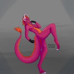 anthro claws clothing female fight fighting_pose fur gloves green_blue_eyes handwear horn orange_body orange_fur pink_body pose smile solo tail text malekart mythology dragon mythological_creature mythological_scalie scalie 1:1 2020 digital_drawing_(artwork) digital_media_(artwork) english_text