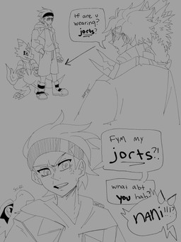 accessory anthro argument dialogue eyewear glasses group headband humor male text anti-creep bandai_namco digimon digimon_beatbreak raito_souda tomoro_tenma digimon_(species) gekkomon human mammal monodramon scalie absurd_res comic english_text hi_res monochrome