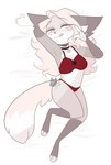 anthro body_pillow bra breasts choker clothed clothing female fur grey_body grey_fur hair jewelry looking_at_viewer necklace panties pillow pink_hair red_clothing red_underwear simple_background solo underwear lunariumn canid canine fox mammal